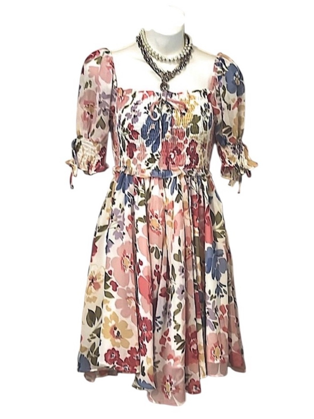 En Saison Floral Smocked Cutout Back Tea Party Puff Sleeve Flowy Mini Dress XS